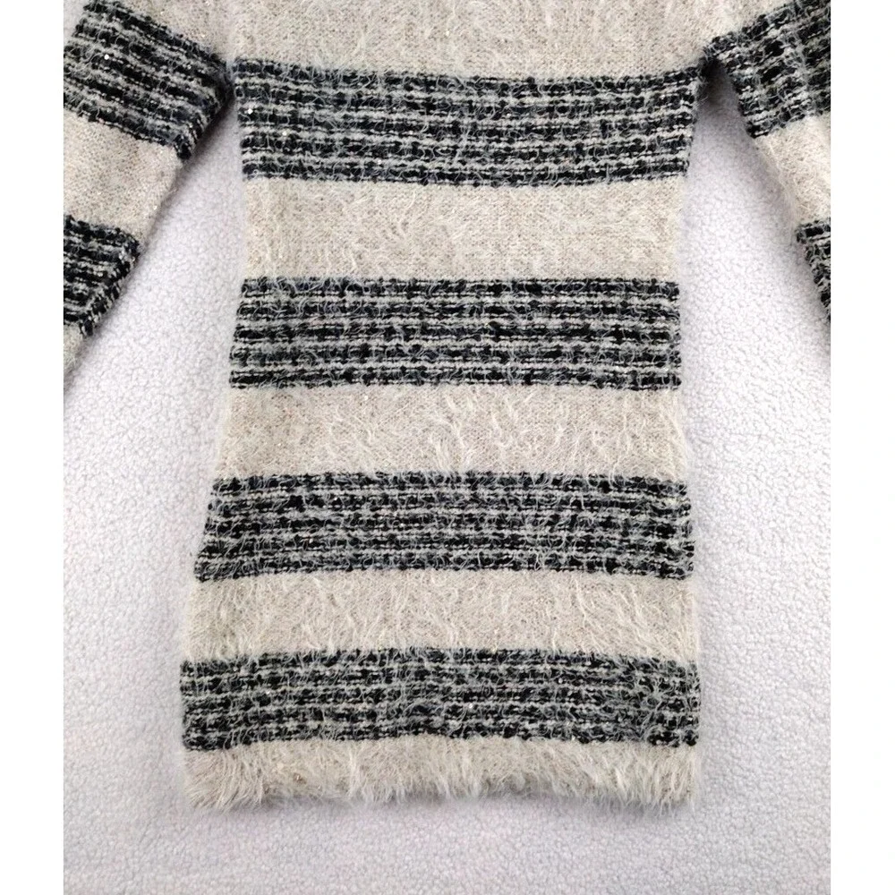 Mirumi Striped Fuzzy Knit Sweater‎ Dress Long Sleeve Sparkle V Neck M